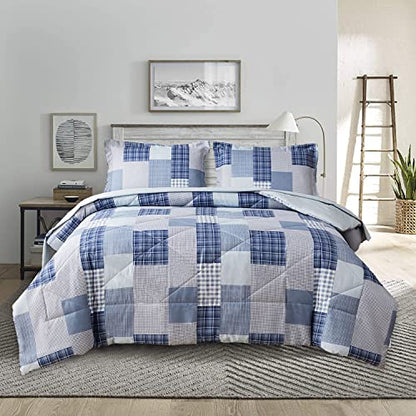  8 Pcs Blue White Plaid Bedding Comforter Sets King Patchwork Comforter Set Bed In A Bag With Flat Sheet,Fitted Sheet,Bed Skirt,Pillowcases & Shams,Gingham Bed Check Duvet Set Geometric Home Decor