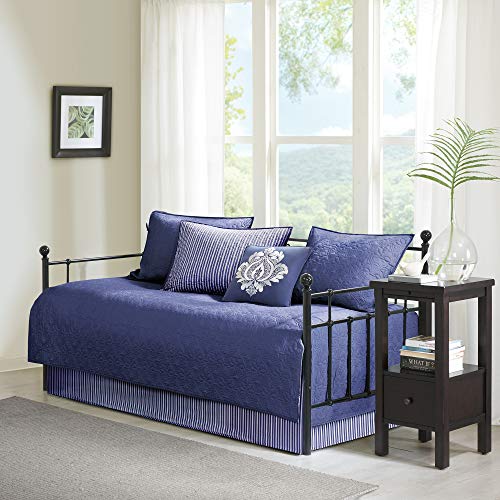  Madison Park Cotton Daybed Cover Set-Double Sided Quilting Classic Cottage Design All Season Bedding With Bedskirt, Matching Shams, Decorative Pillow, 75"x39", Quebec Navy 6 Piece