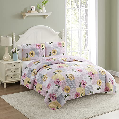  Sweet Home Collection Quilt King Size Embroidered Oversized Soft And Luxurious Patch Quilt Set With Shams, King, Floral Patchwork