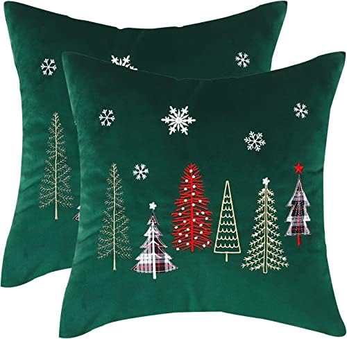  Tosleo Christmas Tree Throw Pillow Covers 16x16 Inch Pack Of 2 Christmas Decoration Forest Green Embroideried Throw Pillow Covers For Christmas Party Bed Sofa Cushion Car