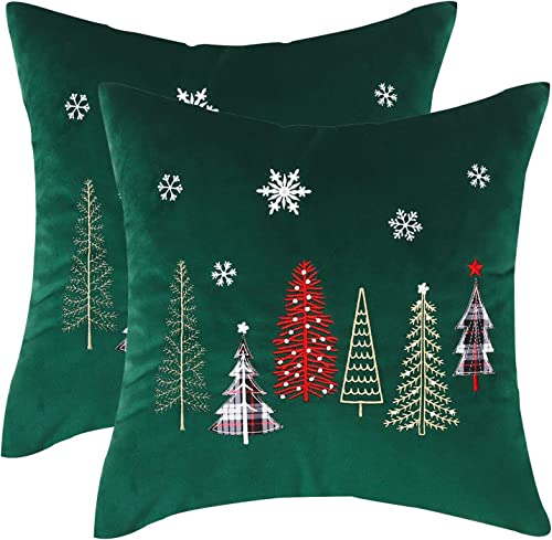  Tosleo Christmas Tree Throw Pillow Covers 16x16 Inch Pack Of 2 Christmas Decoration Forest Green Embroideried Throw Pillow Covers For Christmas Party Bed Sofa Cushion Car