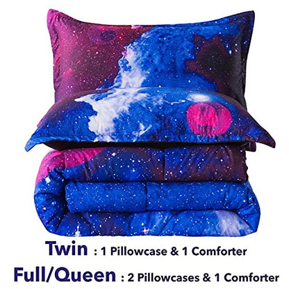  3D Galaxy Queen Comforter Set (90''x90''), 3 Pieces All Season Down Alternative Comforter Set (1 Galaxy Blue Comforter, 2 Pillowcases), Universal Outer Space Bedding Set, Microfiber Comforter