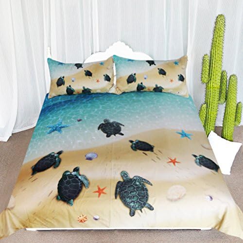  Honu Sea Turtle Bedding White Indigo Hawaiian Duvet Cover Turtles Bed Set Beach Theme Bed Spread For Summer (Queen)
