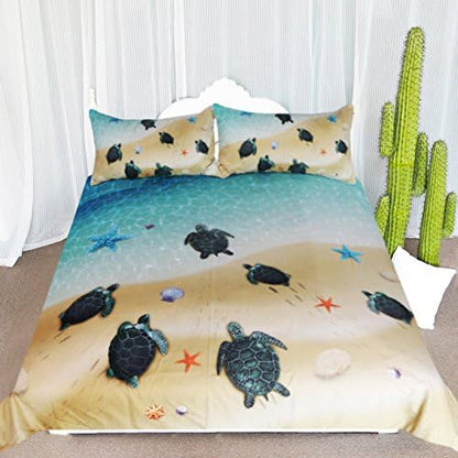  Honu Sea Turtle Bedding White Indigo Hawaiian Duvet Cover Turtles Bed Set Beach Theme Bed Spread For Summer (Queen)