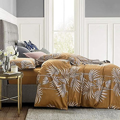  Eikei Midnight Blue Botanical Print Duvet Quilt Cover Egyptian Cotton Bedding Set Modern Luxury Minimal Palm Leaf Dark Charcoal Navy Ocher Floral Watercolor Design 120x98 (Mustard Yellow, Super King)