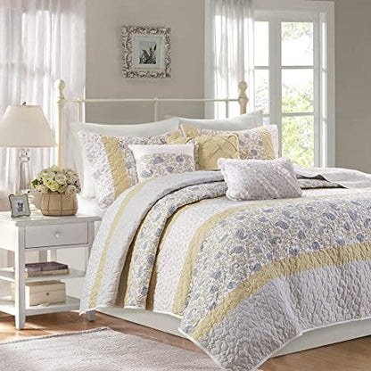  Madison Park 100% Cotton Quilt Set Floral Print, Double Sided Stitching, All Season, Lightweight Coverlet Shabby Chic Bedding Layer, Matching Shams, Full/Queen, Pink 6 Piece