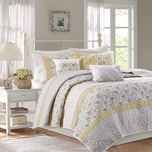  Madison Park 100% Cotton Quilt Set Floral Print, Double Sided Stitching, All Season, Lightweight Coverlet Shabby Chic Bedding Layer, Matching Shams, Full/Queen, Pink 6 Piece