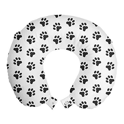  Paw Print Travel Pillow Neck Rest, Puppy Kitten Dog And Cat Themed Repetitive Pet Foot's Stains Concept, Memory Foam Traveling Accessory For Airplane And Car, 12", Grey White