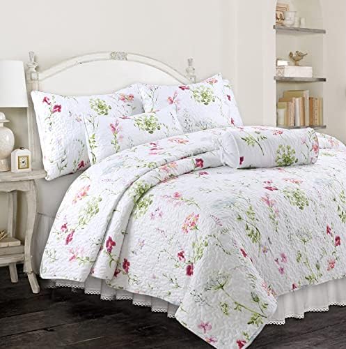  Cozy Line 4 Piece Daybed Cover Set - Pink Garden Bloom Floral Blue Rose Spring Reversible All Season Luxury Bedding With Bedskirt, Pillow Shams