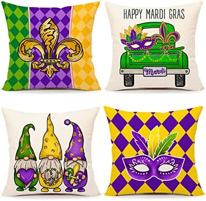  4TH Emotion Mardi Gras Pillow Covers 18x18 Set Of 4 Spring Farmhouse Decor Beads Eye Mask Fleur De Lis Feather Gnomes Truck Holiday Decorations Throw Cushion Case For Home Decorations TH084