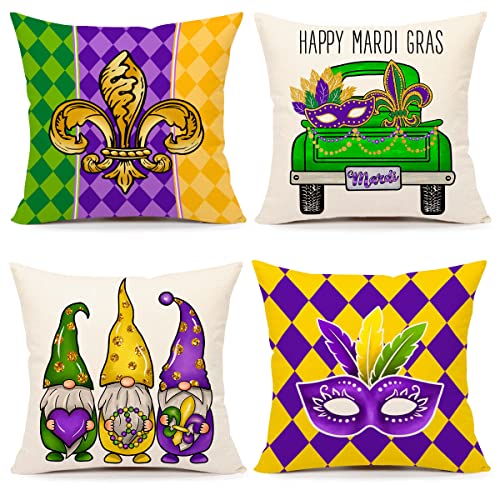 4TH Emotion Mardi Gras Pillow Covers 18x18 Set Of 4 Spring Farmhouse Decor Beads Eye Mask Fleur De Lis Feather Gnomes Truck Holiday Decorations Throw Cushion Case For Home Decorations TH084