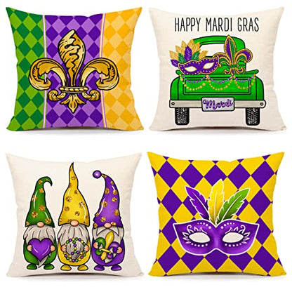  4TH Emotion Mardi Gras Pillow Covers 18x18 Set Of 4 Spring Farmhouse Decor Beads Eye Mask Fleur De Lis Feather Gnomes Truck Holiday Decorations Throw Cushion Case For Home Decorations TH084