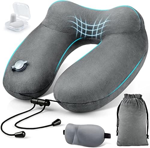  Urophylla Inflatable Travel Pillow For Airplane, Inflatable Neck Pillow For Traveling With 3D Contoured Eye Masks, Adjustable Neck/Chin Support Pillow For Trains, Cars, Large (Green)