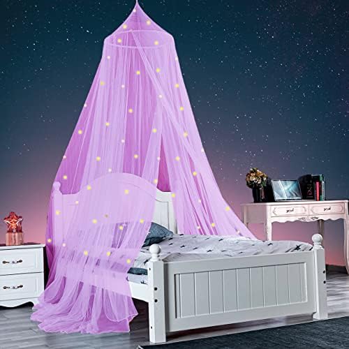  Bed Canopy For Girls, Glowing Stars Princess Bed Tent, Bed Curtain Room Decor Luminous Mosquito Net For Baby, Kids(Pink)