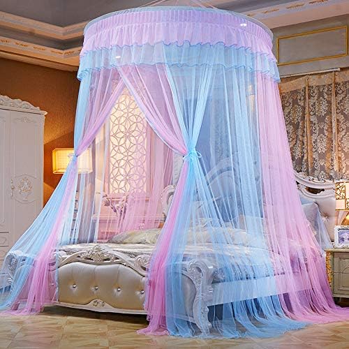  Bed Canopy For Girls - Princess Elegant Lace Round Sheer Mesh Bed Curtains - Canopy For Girls Room Bedding Net For Twin Full Queen King Size (Pink And Blue)