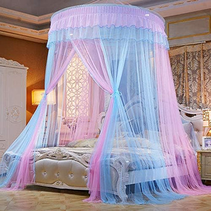  Bed Canopy For Girls - Princess Elegant Lace Round Sheer Mesh Bed Curtains - Canopy For Girls Room Bedding Net For Twin Full Queen King Size (Pink And Blue)