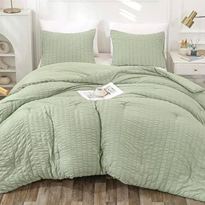  YOZEN Sage Green Queen Seersucker Comforter Set (90x90 Inch), 3 Pieces Textured Comforter With 2 Pillowcases, Soft Lightweight Microfiber Down Alternative Bedding Set For All Season