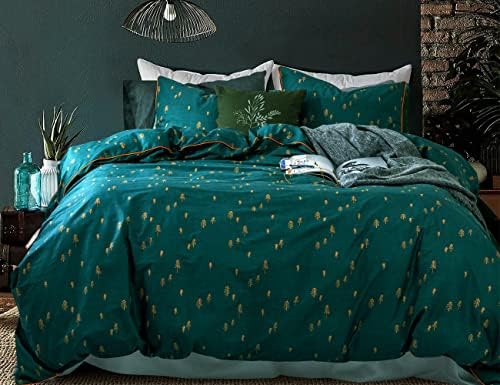  Bedding Duvet-Cover-Set, Queen Green Pine Pattern Cotton Luxury High Thread Soft Bedding Set,1 Duvet Cover And 2 Pillow Shams Comforter Cover-Set