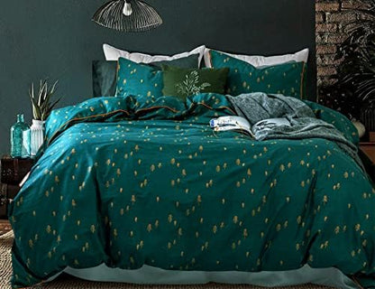  Bedding Duvet-Cover-Set, Queen Green Pine Pattern Cotton Luxury High Thread Soft Bedding Set,1 Duvet Cover And 2 Pillow Shams Comforter Cover-Set