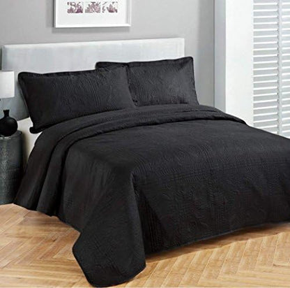  Beautiful Over Sized Solid Color Embossed Floral Striped 3 Piece Coverlet Bedspread (Queen/Full, Black)
