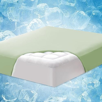  ELEMUSE Cooling Blue Queen Dual Layer Mattress Pad Cover, Cool-to-Touch Fitted Sheet Plus Soft Mattress Topper For Hot Sleepers, Supportive Pillowtop Mattress Protector With Fluffy Filling