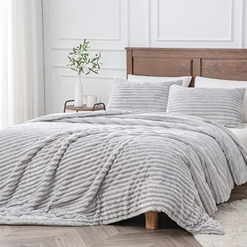  BEDELITE Fleece Queen Comforter Set -Super Soft & Warm Fluffy Grey Bedding, Luxury Fuzzy Heavy Bed Set For Winter With 2 Pillow Cases