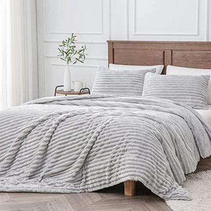  BEDELITE Fleece Queen Comforter Set -Super Soft & Warm Fluffy Grey Bedding, Luxury Fuzzy Heavy Bed Set For Winter With 2 Pillow Cases