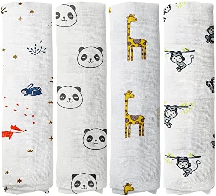  100% Muslin Swaddle Blankets,Baby Swaddling Blankets For New Born, Baby Receiving Blankets Unisex, Soft, Warm And Cosy Baby Blankets Pack Of 4, Size 47 X 47 Inches,Gift For New Mom Jungle Jam