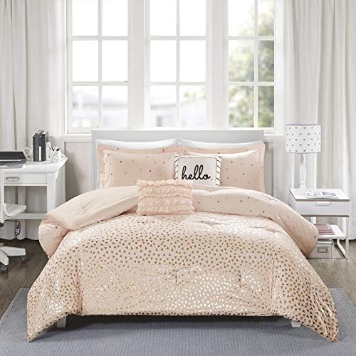  Zoey Triangle Metallic Print, Cozy Comforter Set All Season Bedding Set, Matching Sham, Decorative Pillow, Full/Queen, Grey/Silver 5 Piece