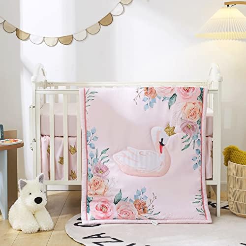  Beeweed 4-Piece Crib Bedding Set For Boys Girls, Soft Baby Bedding Set Including Blanket, Crib Skirt, Crib Sheets & Diaper Stacker, Flower Butterfly Nursery Bedding Set