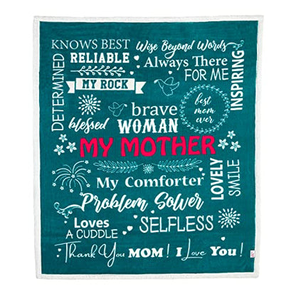  Mom Blanket - Double Layer Sherpa Fleece – Soft Fluffy Throw, Quality Print – 'Thank You Mom, I Love You' – From Daughter, Son – Gift For Birthday, Mother's Day, Christmas, Etc. (Teal)