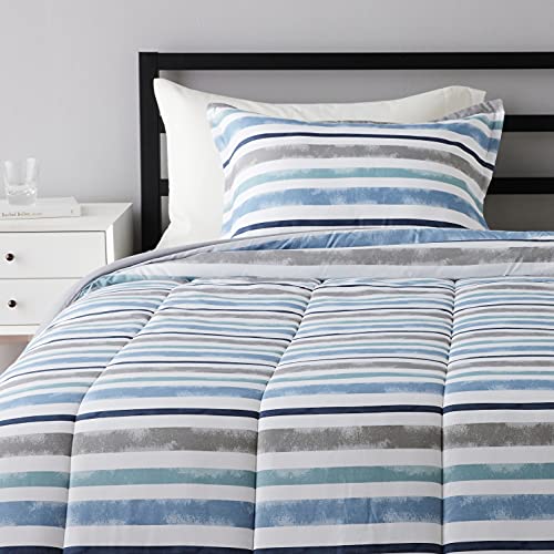  Amazon Basics Reversible Comforter Set, Twin / Twin XL, Blue Harbor Stripes, Microfiber, Ultra-Soft