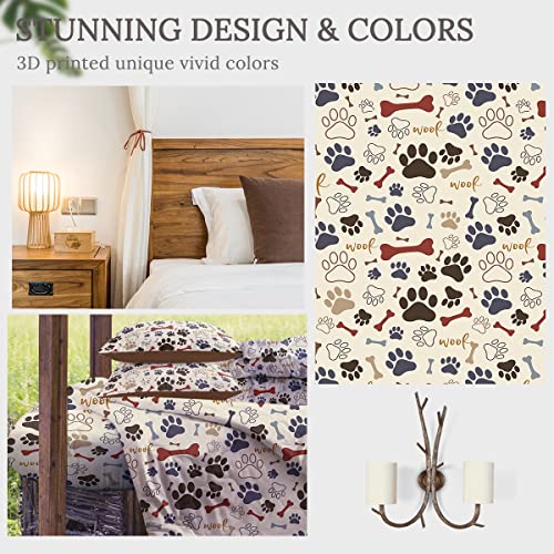  Sleepwish Brown Dog Paw Bone Comforter Set Kids Dog Paw Prints Bedding Set For Kids Children Bedspreads 4Pcs King Size Dog Lovers Gifts For Women Kids Men