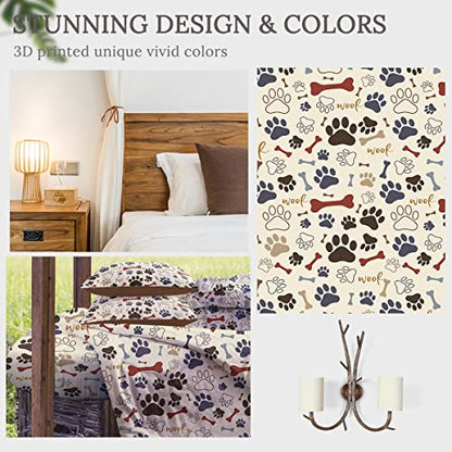  Sleepwish Brown Dog Paw Bone Comforter Set Kids Dog Paw Prints Bedding Set For Kids Children Bedspreads 4Pcs King Size Dog Lovers Gifts For Women Kids Men