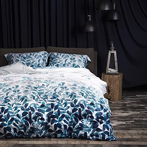  MILDLY 100% Egyptian Cotton Duvet Cover Set Gradient Blue Leaves Printed Comforter Cover Set Farmhouse Plant Reversible Baby Blue Bedding Set King Size With Zipper Closure & Corner Ties
