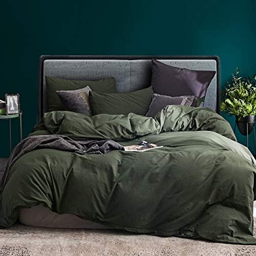  3 Pieces Duvet Cover Set Queen 100% Washed Cotton 1 Duvet Cover With Zipper And 2 Pillowcases, Ultra Soft And Easy Care Breathable Cozy Simple Style Bedding Set (Avocado Green)