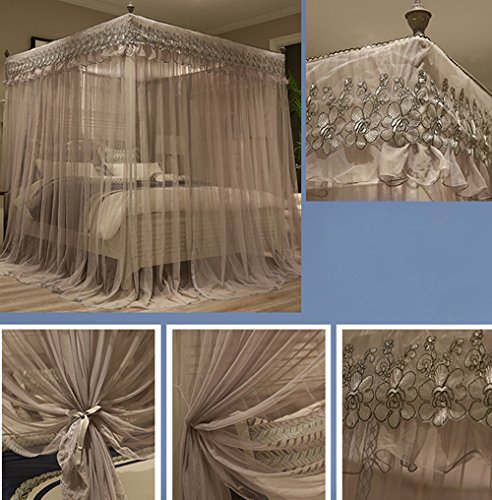  Mengersi Princess 4 Corners Post Bed Canopy Bed Curtains Mosquito Netting (Queen, Gray)