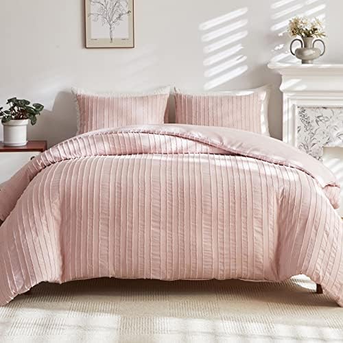  WARMDERN White Boho Duvet Cover Set Queen Size, Striped Textured Tufted Bedding Set, 3 Pcs Ultra Soft Washed Microfiber With Zipper Closure (Queen, White)