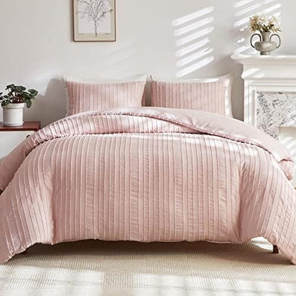  WARMDERN White Boho Duvet Cover Set Queen Size, Striped Textured Tufted Bedding Set, 3 Pcs Ultra Soft Washed Microfiber With Zipper Closure (Queen, White)