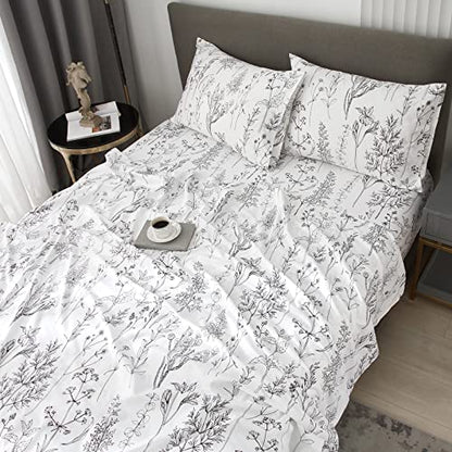  Floral Bed Sheets King Size, 18 Inches Deep Pocket Sheets 1800 Thread Count, Black And White Leaf Sheet Set Soft Breathable Cute Aesthetic Sheets Shabby Chic Bed Sheets,Oeko-Tex Certificated