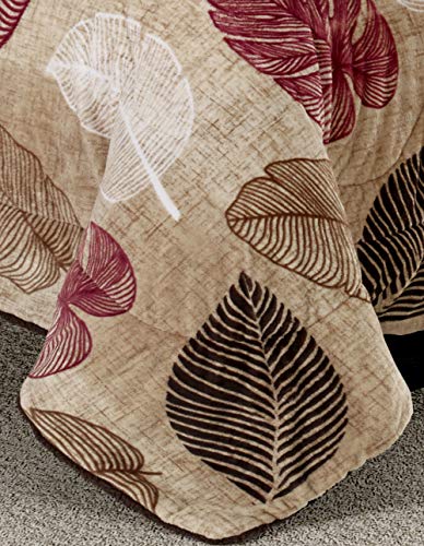  Primor Casa Premium MicroMink Otono Sherpa Comforter Oversize Blanket - Ultra Soft - Ultra Warm - Brown, Beige With Burgundy Fall Autumn Leaf/Leaves Design - Elegant And Modern (Queen/Full Size)