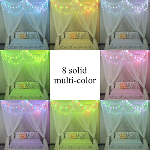  White Bed Canopy With Star Lights Girls Bedroom Decor, 8 Corners Post Hanging Princess Canopy Bed Curtains With 100LED Colors Changing String Lights Remote Control For Twin Full Queen King Bed