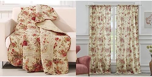  Greenland Home Antique Rose Throw Blanket, Full, Ecru & Antique Rose 100% Cotton Quilted Pillow Sham, Standard 20x26-inch, Multicolor