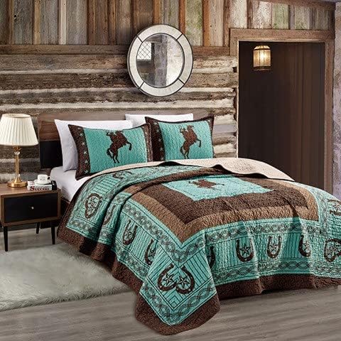  LinenTopia 3-Piece Queen Size Quilt Bedspread Set With 2 Shams, Wild Country/Horseshoe/Barbwire/Star Design, Beige Coffee, (Queen, Star Barbwire, Beige)