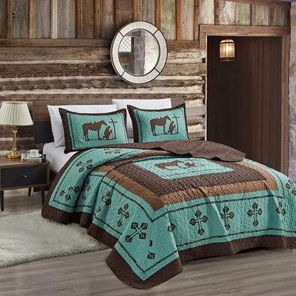  LinenTopia 3-Piece Queen Size Quilt Bedspread Set With 2 Shams, Wild Country/Horseshoe/Barbwire/Star Design, Beige Coffee, (Queen, Star Barbwire, Beige)