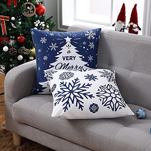  NANAN Christmas Pillow Covers 18X18 Inch Navy Blue Christmas Pillow Cases Snowflake Merry Christmas Holiday Pillowcases Xmas Trees Elk Deer Decorative Cushion Covers For Party Sofa Couch Set Of 4