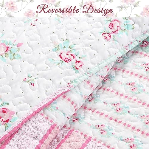  Cozy Line 4 Piece Daybed Cover Set - Pink Garden Bloom Floral Blue Rose Spring Reversible All Season Luxury Bedding With Bedskirt, Pillow Shams