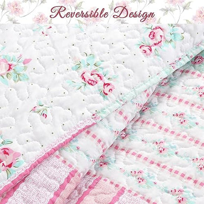  Cozy Line 4 Piece Daybed Cover Set - Pink Garden Bloom Floral Blue Rose Spring Reversible All Season Luxury Bedding With Bedskirt, Pillow Shams