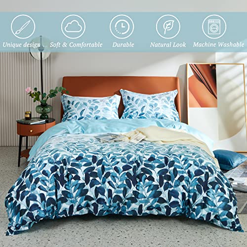  MILDLY 100% Egyptian Cotton Duvet Cover Set Gradient Blue Leaves Printed Comforter Cover Set Farmhouse Plant Reversible Baby Blue Bedding Set King Size With Zipper Closure & Corner Ties