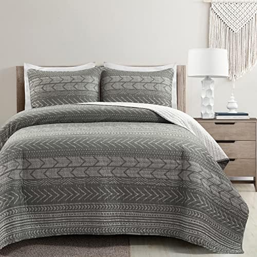  Hygge Geo Reversible 3 Piece Cotton Duvet Set, King, Gray & White